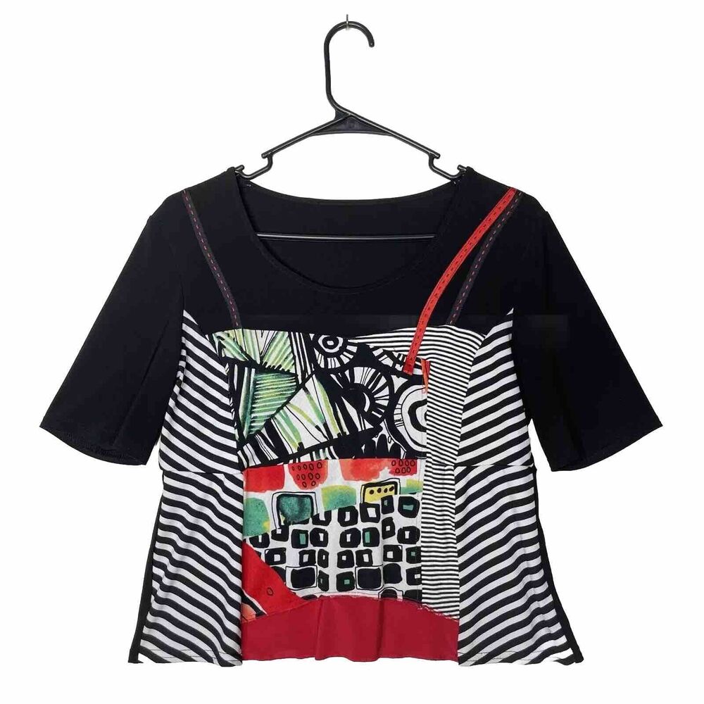 Abstract Art Print Boxy Top S Black White‎ Striped Patchwork Retro Graphic Tee